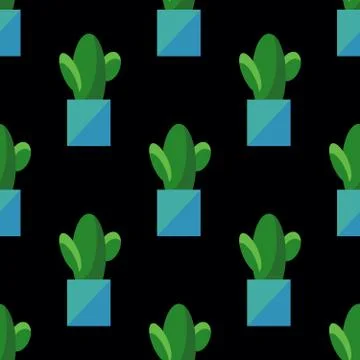 Seamless pattern of cactus in pots isolated on black background. Simple cartoon Stock Illustration