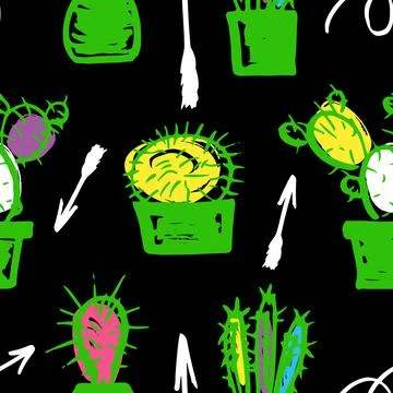 Seamless pattern with cactus in pots. Vector illustration. Illustrazione stock