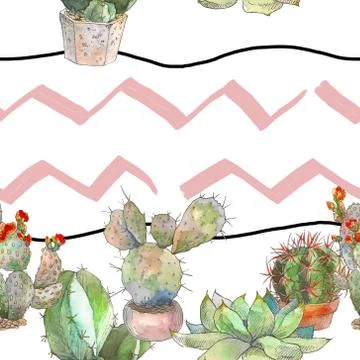 Seamless pattern with cactus, succulents and floral elements. Vintage watercolor Stock Illustration