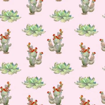 Seamless pattern with cactus, succulents and floral elements. Vintage watercolor Illustrazione stock