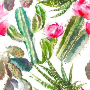 Seamless pattern with cactus, succulents and floral elements on white background Stock Illustration