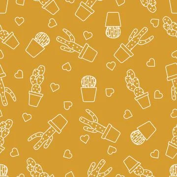 Seamless pattern with cactus, succulents, hearts. Stock Illustration