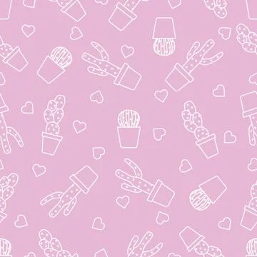 Seamless pattern with cactus, succulents, hearts. Stock Illustration