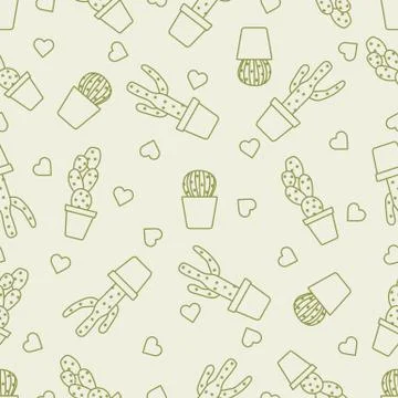 Seamless pattern with cactus, succulents, hearts. Stock Illustration