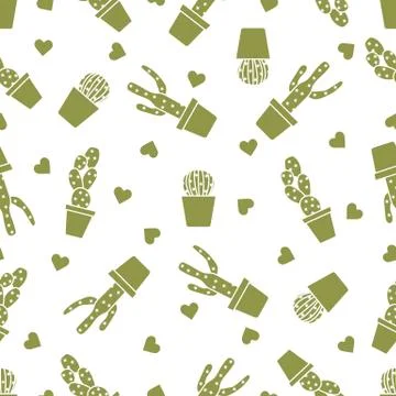 Seamless pattern with cactus, succulents, hearts. Stock Illustration
