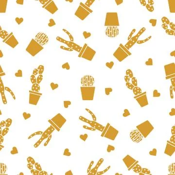 Seamless pattern with cactus, succulents, hearts. Stock Illustration