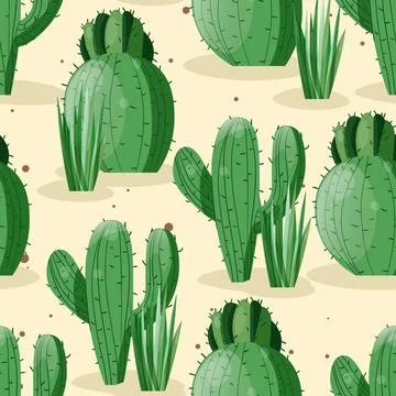 Seamless pattern with cactus with thorns, succulent on color background. Vector Stock Illustration