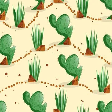 Seamless pattern with cactus with thorns, succulent on color background. Vector Stock Illustration