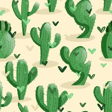 Seamless pattern with cactus with thorns, succulent on color background. Vector Stock Illustration
