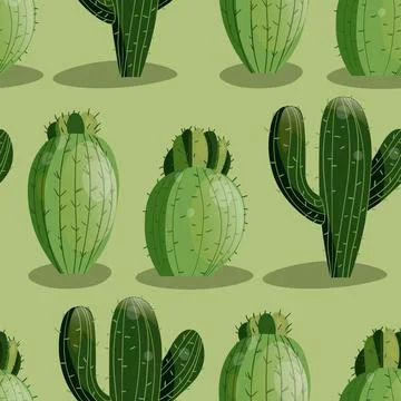 Seamless pattern with cactus with thorns, succulent on color background. Vector Stock Illustration