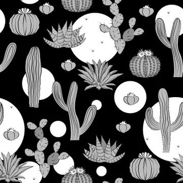 Seamless pattern with cactus. Wild cactus forest with doodle circles. Stylish Stock Illustration