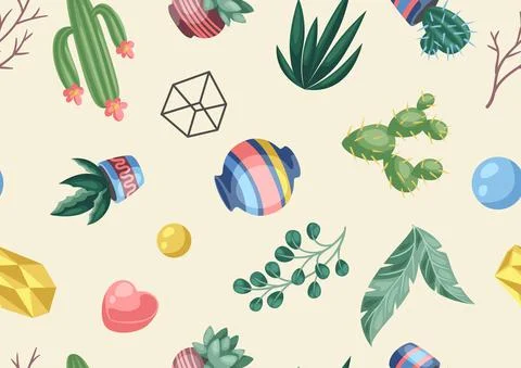 Seamless pattern with cactuses and succulents. Decorative spiky flowering cacti 스톡 일러스트