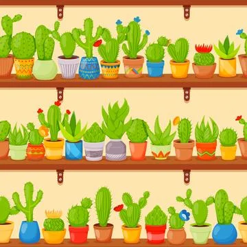 Seamless pattern with cactuses and succulents in plants pots on shelves. Cu.. Stock Illustration