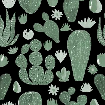 Seamless Pattern Cactuses hand-painted illustration on black background. Exotic Stock Illustration