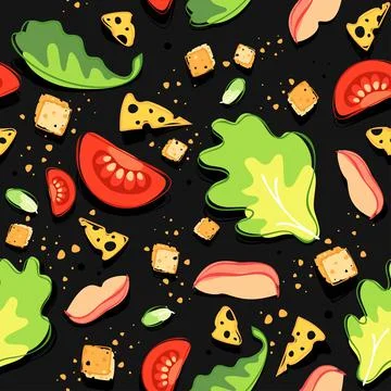Seamless pattern of caesar salad ingredients Stock Illustration