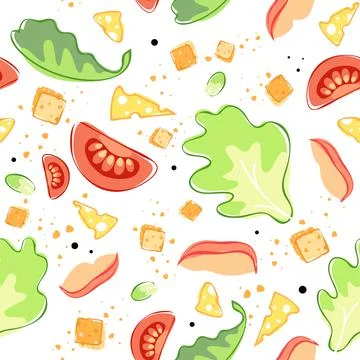 Seamless pattern of caesar salad ingredients Stock Illustration