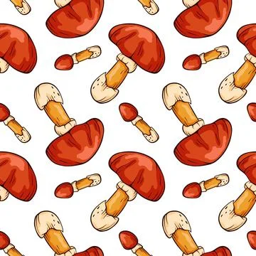 Seamless pattern with Caesars mushrooms in cartoon line art style. For wrapping Stock Illustration