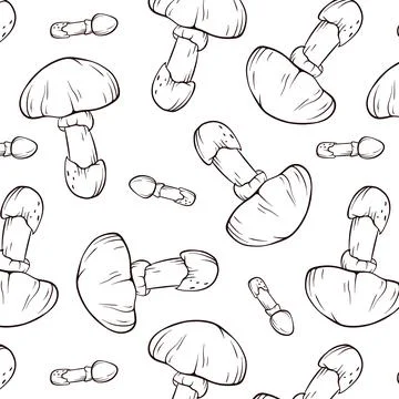 Seamless pattern with Caesars mushrooms in line art style. Design for wrapping Stock Illustration