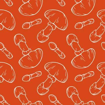 Seamless pattern with Caesars mushrooms in line art style. Autumn design for Stock Illustration