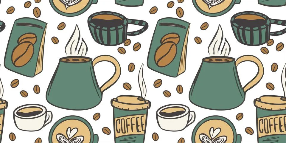 Seamless pattern for cafes or coffee shop. Green mug and white Cup of black Stock Illustration