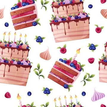 Seamless pattern with a cake decorated with cream, berries, a candle and a .. Stock Illustration