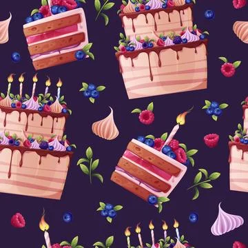 Seamless pattern with a cake decorated with cream, berries, a candle and a .. Stock Illustration