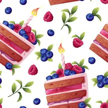 Seamless pattern with a cake decorated with cream, berries, a candle and a .. 库存插图