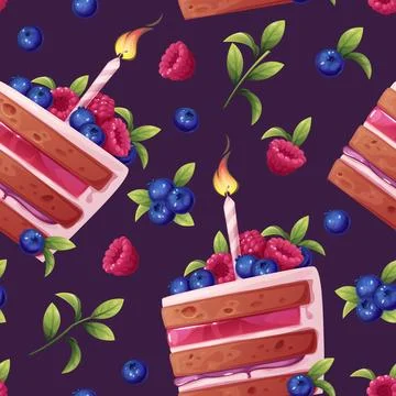 Seamless pattern with a cake decorated with cream, berries, a candle and a .. Stock Illustration