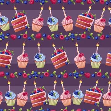 Seamless pattern with a cake decorated with cream, berries, a candle and a .. 스톡 일러스트