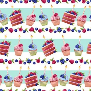 Seamless pattern with a cake decorated with cream, berries, a candle and a .. Stock Illustration