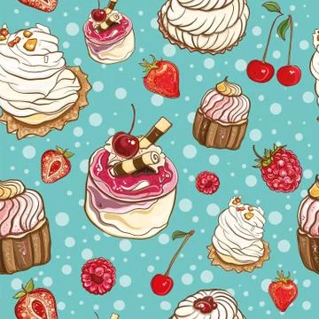 Seamless pattern with cakes and berries 스톡 일러스트