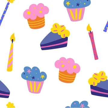 Seamless pattern with cakes and candles. Cute birthday print. Party and birth Stock Illustration