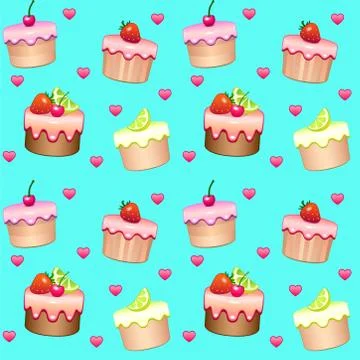 Seamless pattern with cakes and hearts - "I love sweet." Stock Illustration
