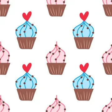 Seamless pattern with cakes and hearts. Vector background with muffins on a Stock Illustration