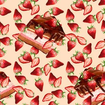Seamless pattern of cakes and strawberry. Sweet background Illustrazione stock