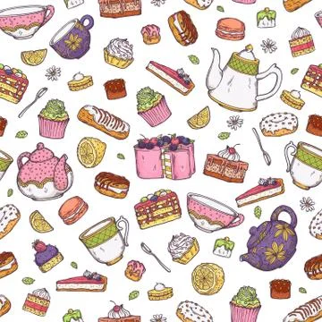 Seamless pattern with cakes and tea pots, sketch cartoon vector illustration. Stock Illustration