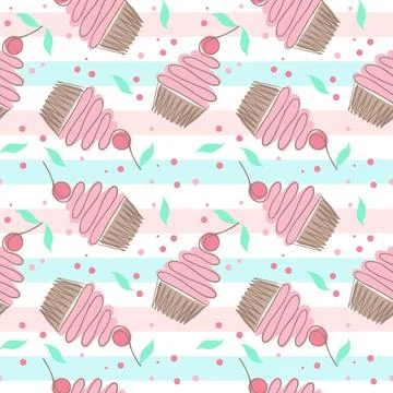 Seamless pattern with cakes. Cakes with cherries, vector repeating. Illustrazione stock