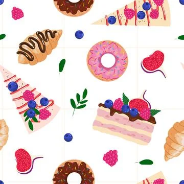 Seamless Pattern with Cakes, Pastries, Donuts, Cheesecakes. Stock Illustration