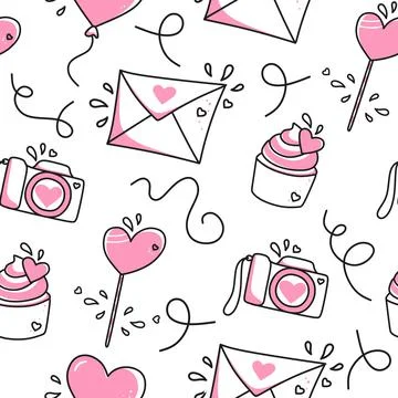 Seamless pattern of cakes valentines lollipops cameras and hearts on a white  Stock Illustration