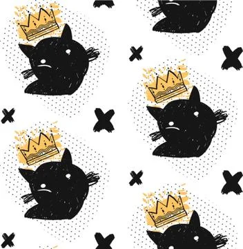 Seamless pattern with calavera sugar skull black cats in mexican style for Stock Illustration