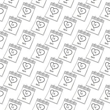 Seamless pattern of calendar page with 14 April date and hand drawn heart. Black Stock Illustration