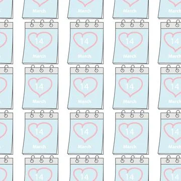 Seamless pattern of calendar page with date 14 March White Day and hand drawn Stock Illustration