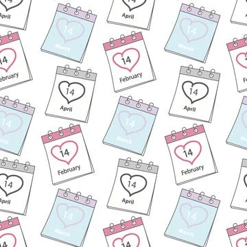 Seamless pattern of calendar pages with 14 February, 14 March and 14 April date Stock Illustration