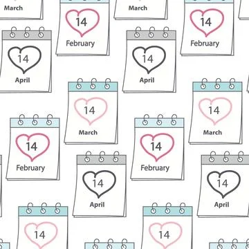 Seamless pattern of Calendar pages with date 14 March and 14 April with heart Illustrazione stock