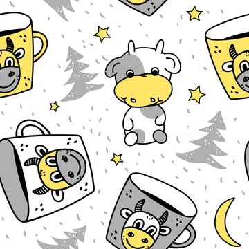 Seamless pattern with calf, fir tree and mug Stock Illustration