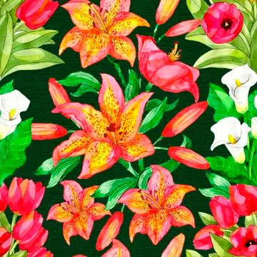 Seamless pattern with Calla, Lily, Tulip on green background. Watercolor hand Illustrazione stock