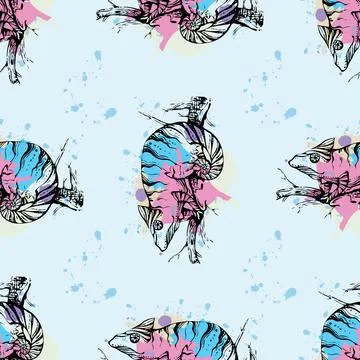 Seamless pattern calligraphic ink silhouette of a chameleon on a background o Stock Illustration