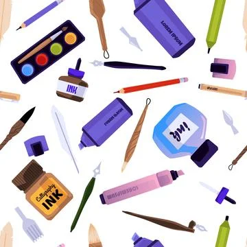 Seamless pattern with calligraphy tools icons flat vector illustration on white. Stock Illustration