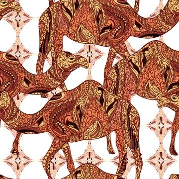 Seamless pattern with camel decorated with oriental ornaments Stock Illustration