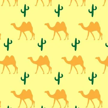Seamless pattern with camels, dunes and cacti. Cute illustration of an animal in Illustrazione stock